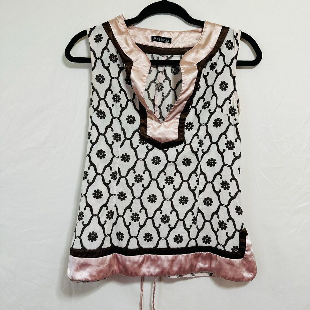 Solaris Women's Tan/Pink BOHO Sleeveless Blouse with Back Tie Size M